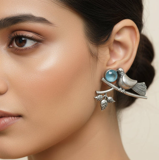 Antique Silver Bird Motif Earrings with Stone