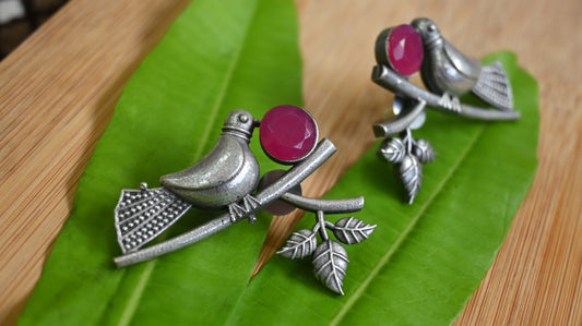Antique Silver Bird Motif Earrings with Stone
