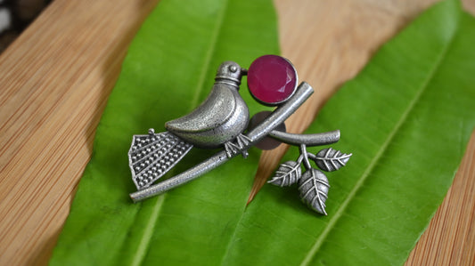 Antique Silver Bird Motif Earrings with Stone