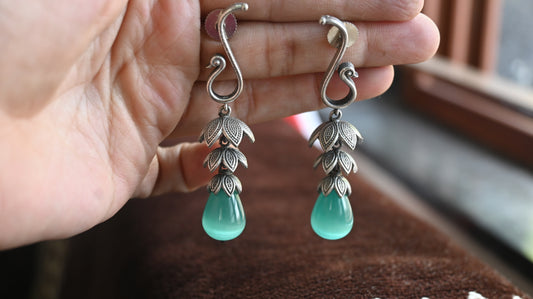 Oxidised Silver Peacock Drop Earrings