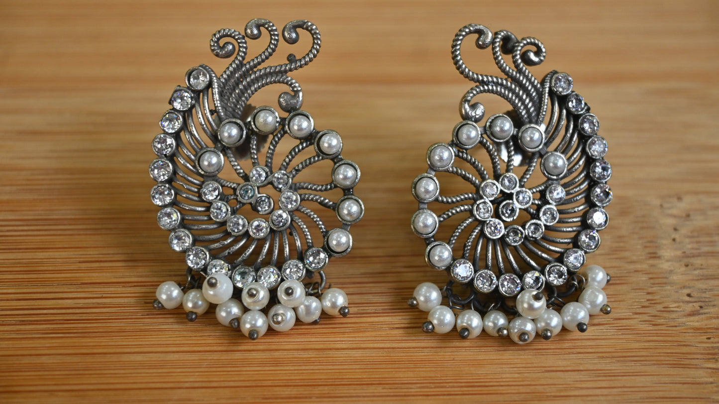 Oxidized Peacock-Style Earrings with Pearls & Stones
