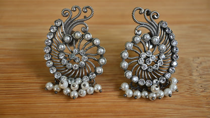 Oxidized Peacock-Style Earrings with Pearls & Stones