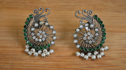 Oxidized Peacock-Style Earrings with Pearls & Stones