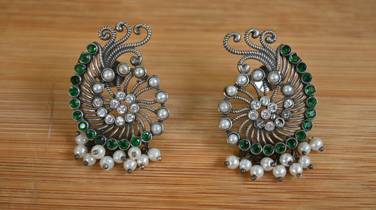 Oxidized Peacock-Style Earrings with Pearls & Stones