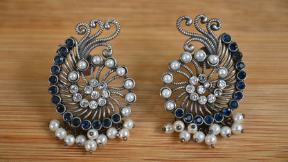 Oxidized Peacock-Style Earrings with Pearls & Stones