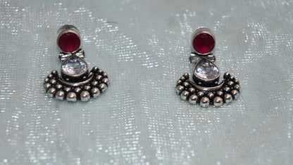 Oxidized Silver Tribal Stud Earrings with Stone