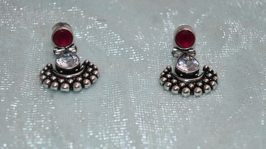Oxidized Silver Tribal Stud Earrings with Stone