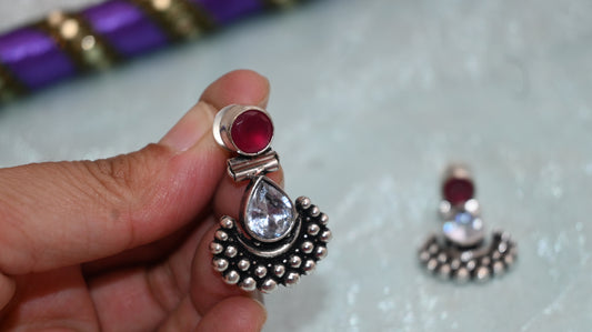 Oxidized Silver Tribal Stud Earrings with Stone