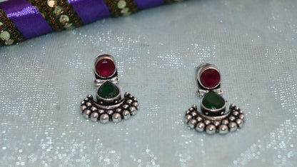 Oxidized Silver Tribal Stud Earrings with Stone