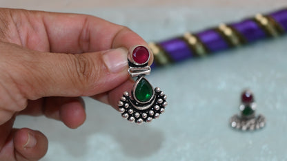 Oxidized Silver Tribal Stud Earrings with Stone
