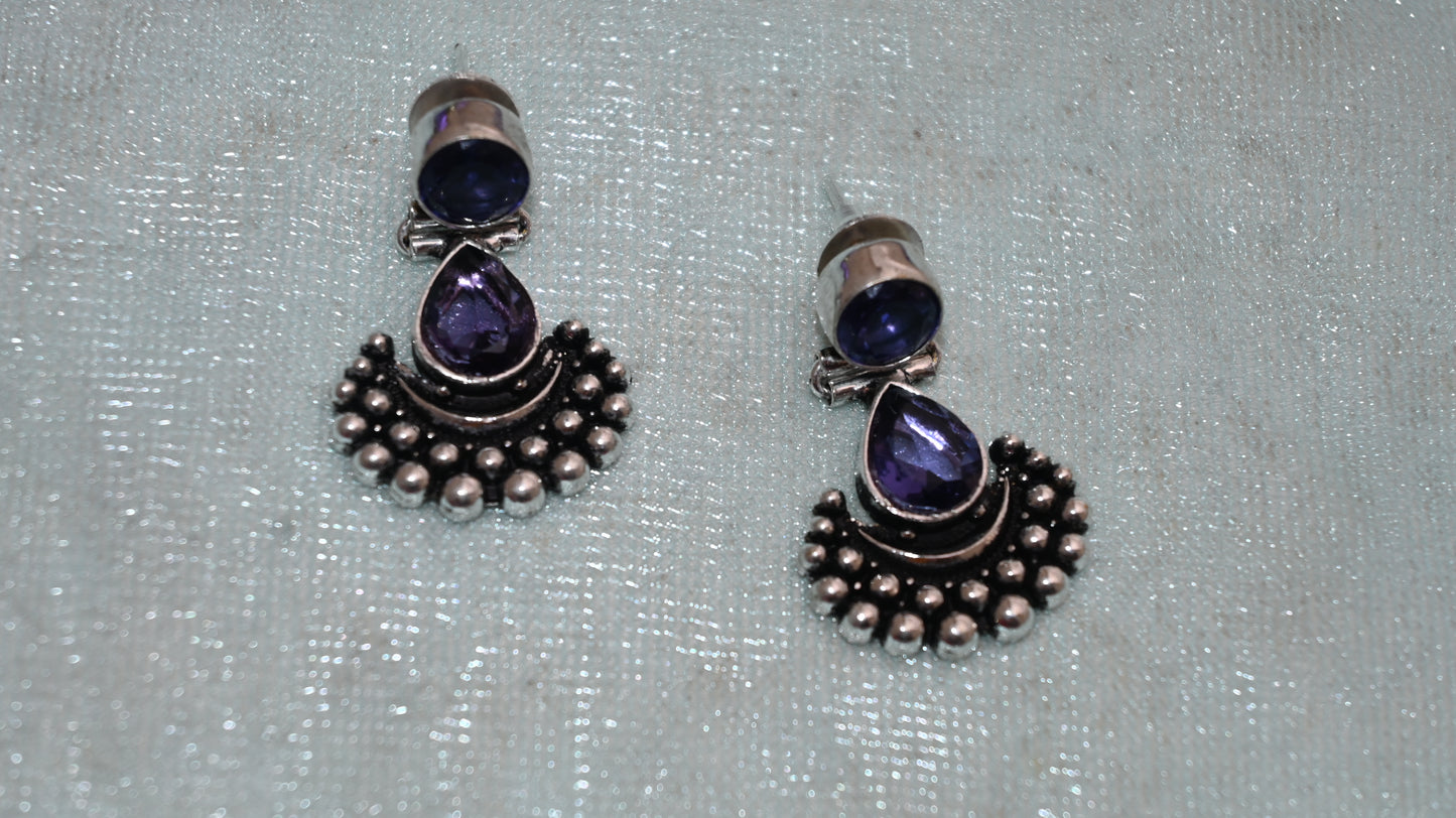 Oxidized Silver Tribal Stud Earrings with Stone