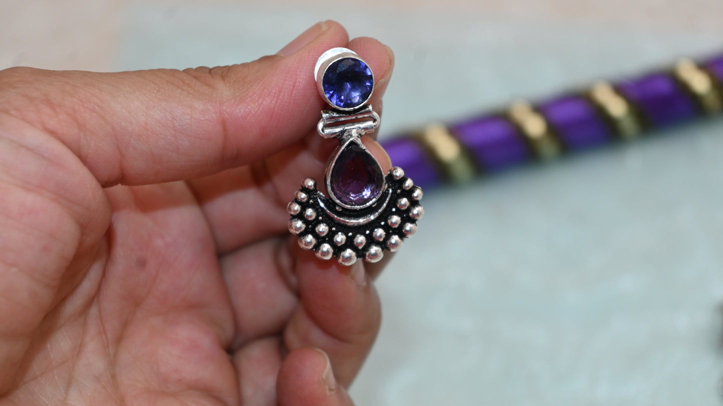 Oxidized Silver Tribal Stud Earrings with Stone