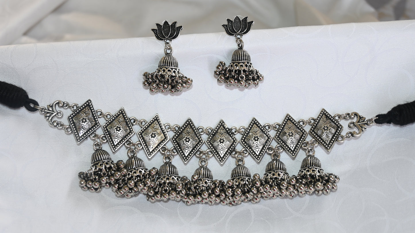 Oxidised Silver Lotus & Ghungroo Choker Necklace Set