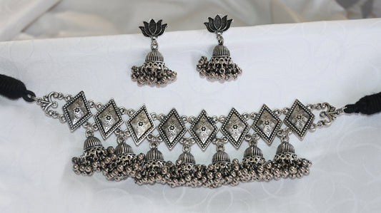 Oxidised Silver Lotus & Ghungroo Choker Necklace Set