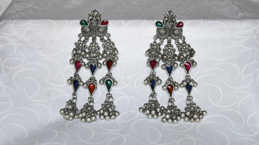Afghani Peacock Design Oxidized Silver Earrings