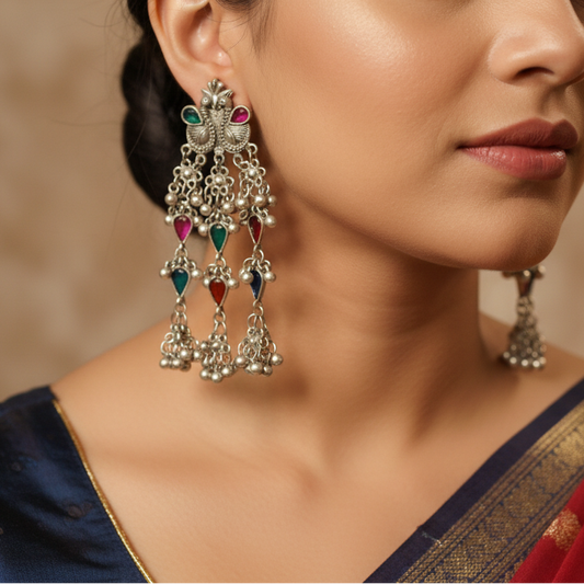 Afghani Peacock Design Oxidized Silver Earrings