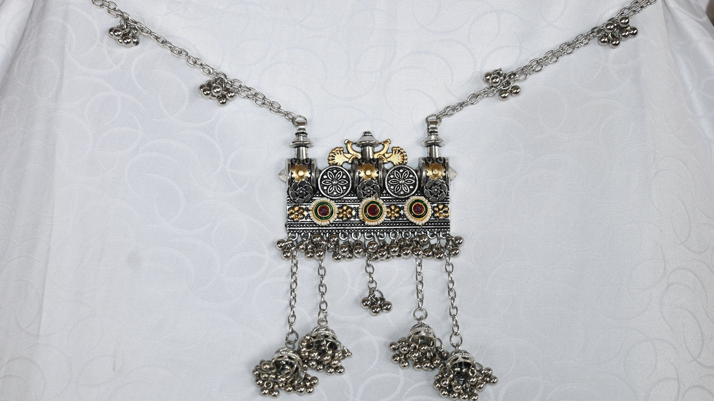 Traditional Oxidised Pendant Necklace with Chain & Ghungroo