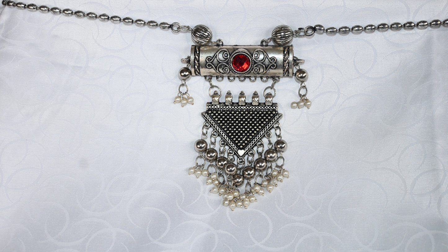 Antique Oxidised Silver Pendant Necklace with Stone & Pearl Drops