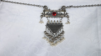 Antique Oxidised Silver Pendant Necklace with Stone & Pearl Drops