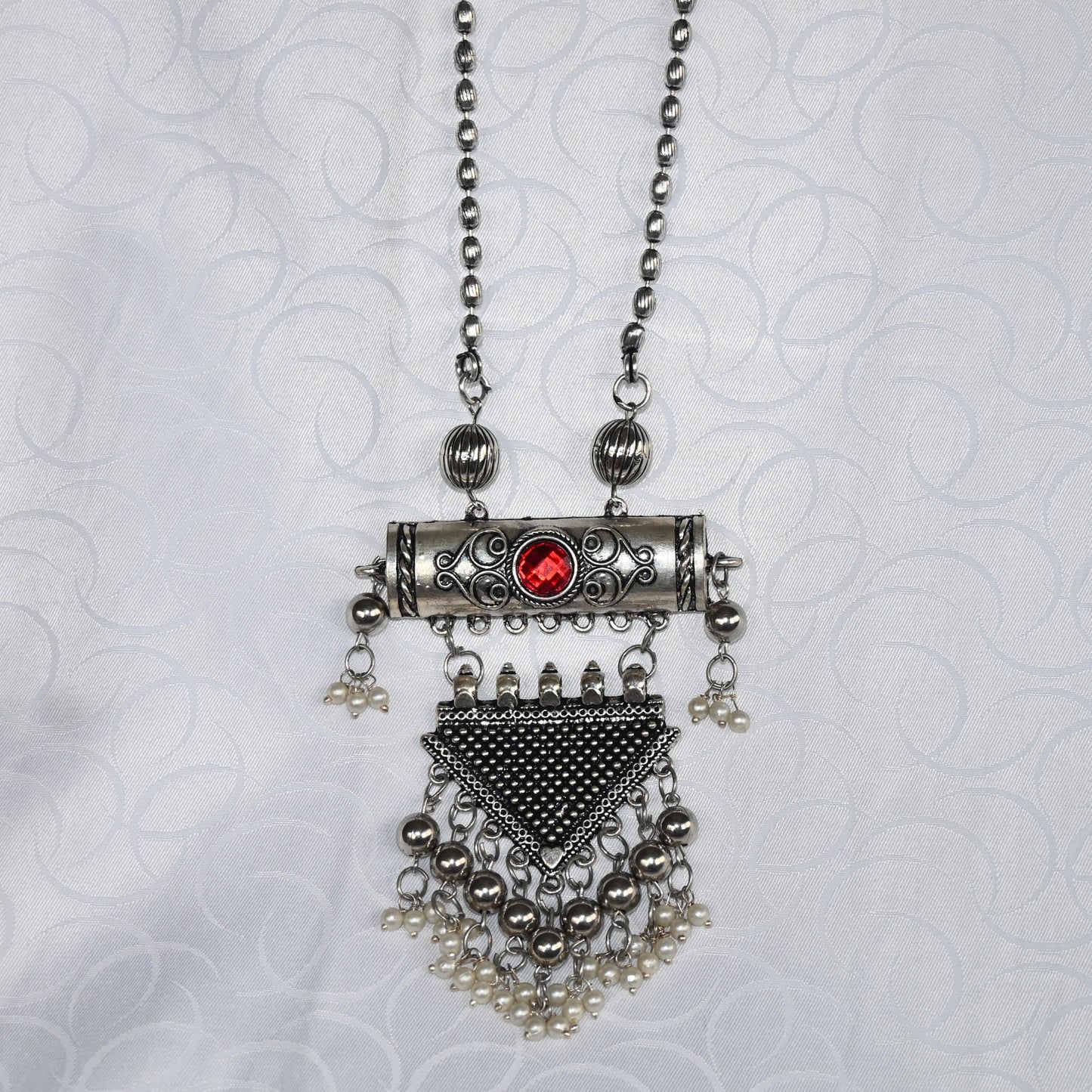 Antique Oxidised Silver Pendant Necklace with Stone & Pearl Drops