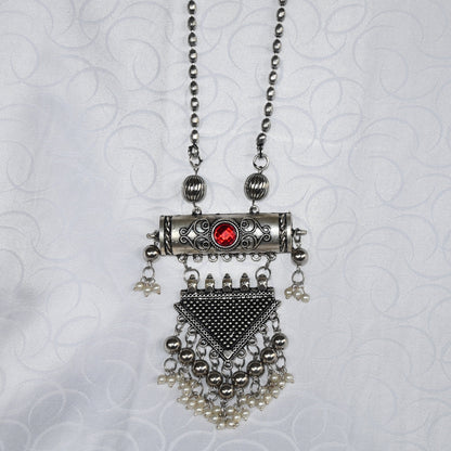 Antique Oxidised Silver Pendant Necklace with Stone & Pearl Drops