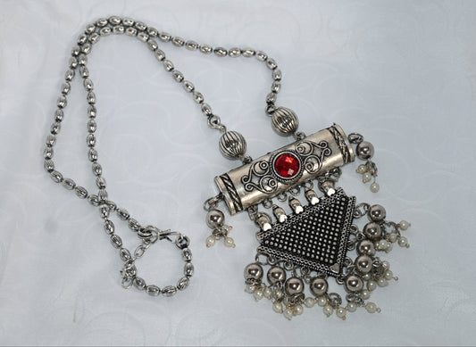 Antique Oxidised Silver Pendant Necklace with Stone & Pearl Drops