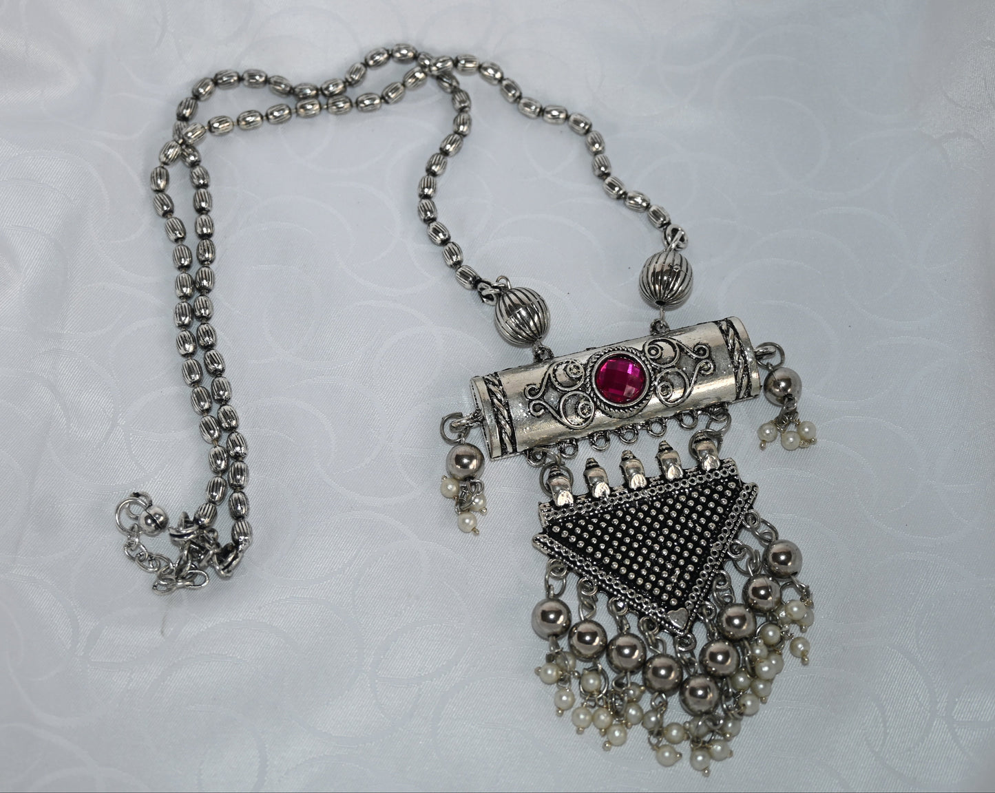 Antique Oxidised Silver Pendant Necklace with Stone & Pearl Drops