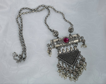 Antique Oxidised Silver Pendant Necklace with Stone & Pearl Drops