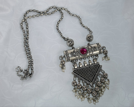 Antique Oxidised Silver Pendant Necklace with Stone & Pearl Drops