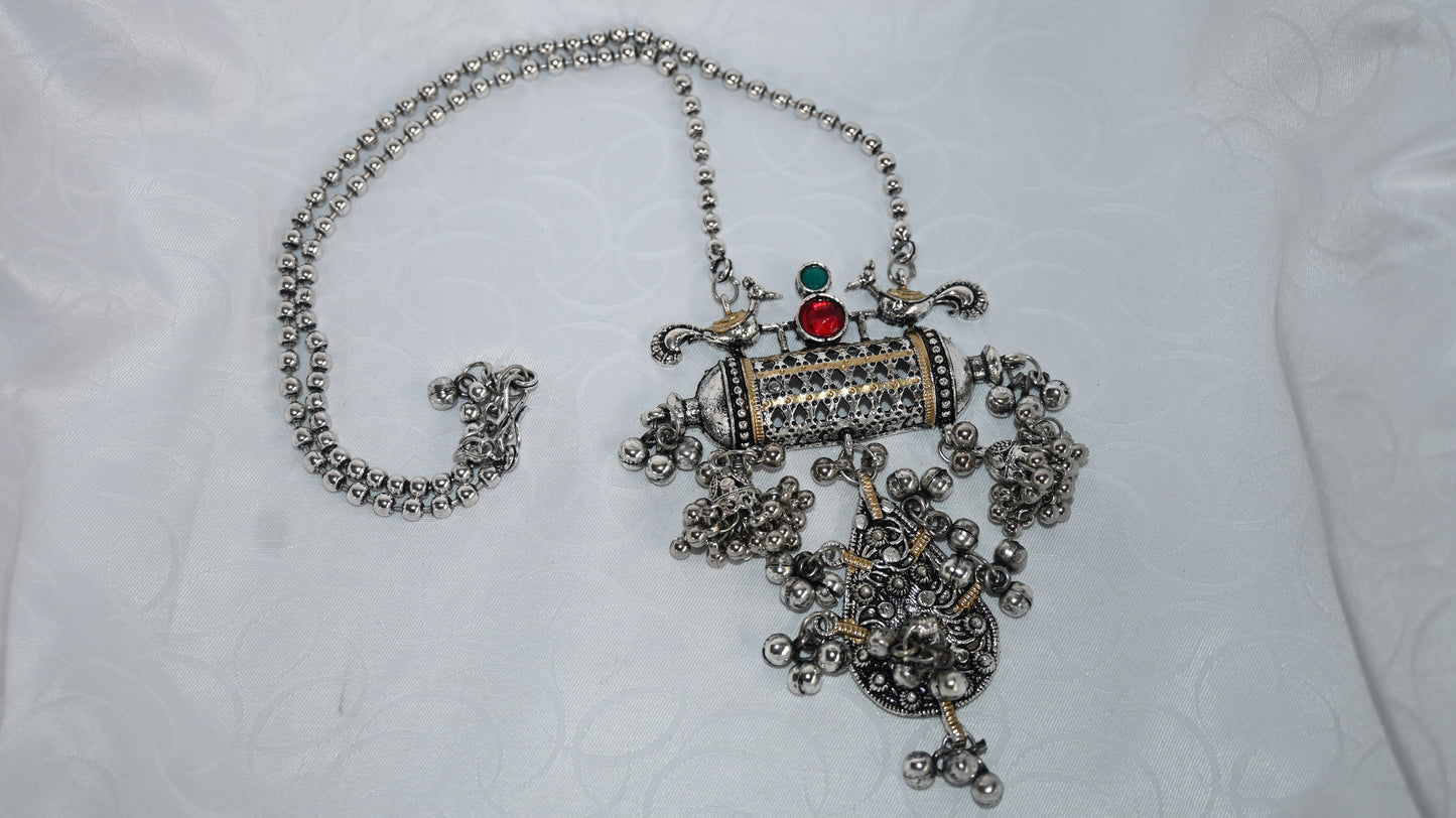 Oxidised Temple-Inspired Pendant Necklace with Dual-Tone Accents