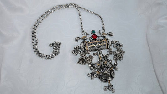 Oxidised Temple-Inspired Pendant Necklace with Dual-Tone Accents