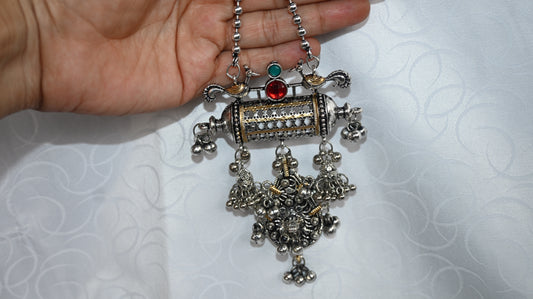 Oxidised Temple-Inspired Pendant Necklace with Dual-Tone Accents