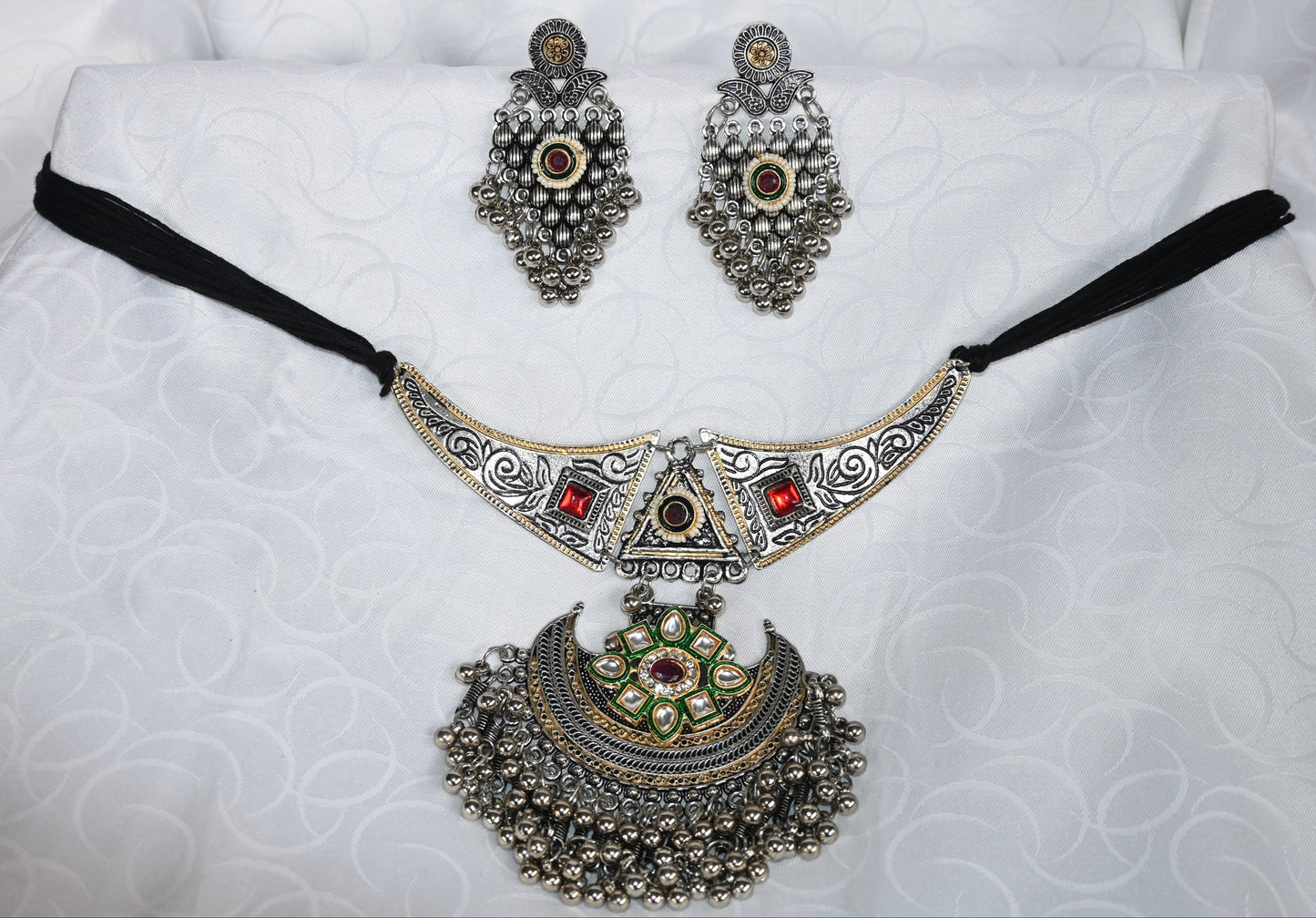 Traditional Oxidised Silver Necklace & Earring Set with Kundan Detailing