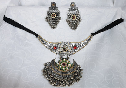 Traditional Oxidised Silver Necklace & Earring Set with Kundan Detailing