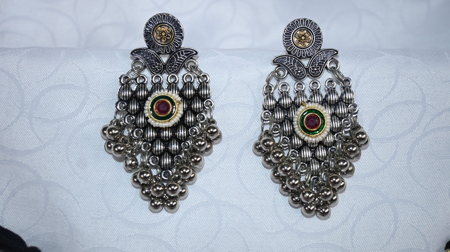 Traditional Oxidised Silver Necklace & Earring Set with Kundan Detailing
