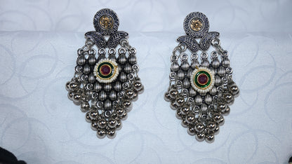 Traditional Oxidised Silver Necklace & Earring Set with Kundan Detailing