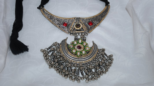 Traditional Oxidised Silver Necklace & Earring Set with Kundan Detailing