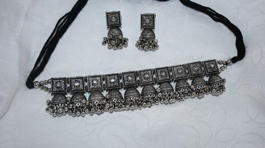Oxidised Silver Square Motif Choker & Earrings Set