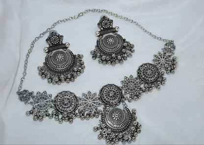 Oxidised Silver Floral Motif Necklace & Earrings Set