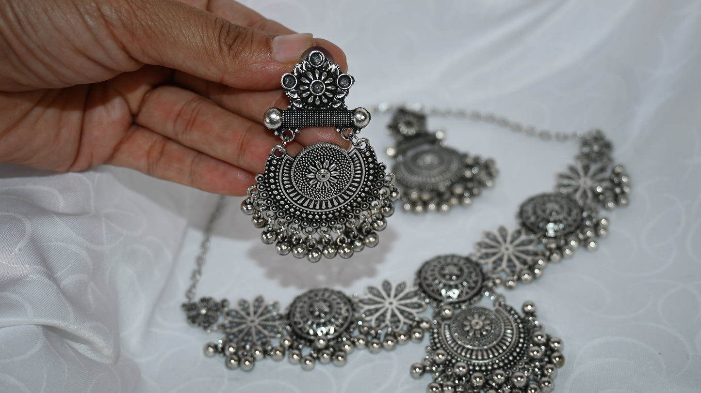 Oxidised Silver Floral Motif Necklace & Earrings Set