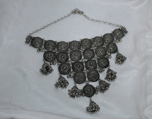 Oxidised Silver Circular Pattern Choker Necklace & Earring Set