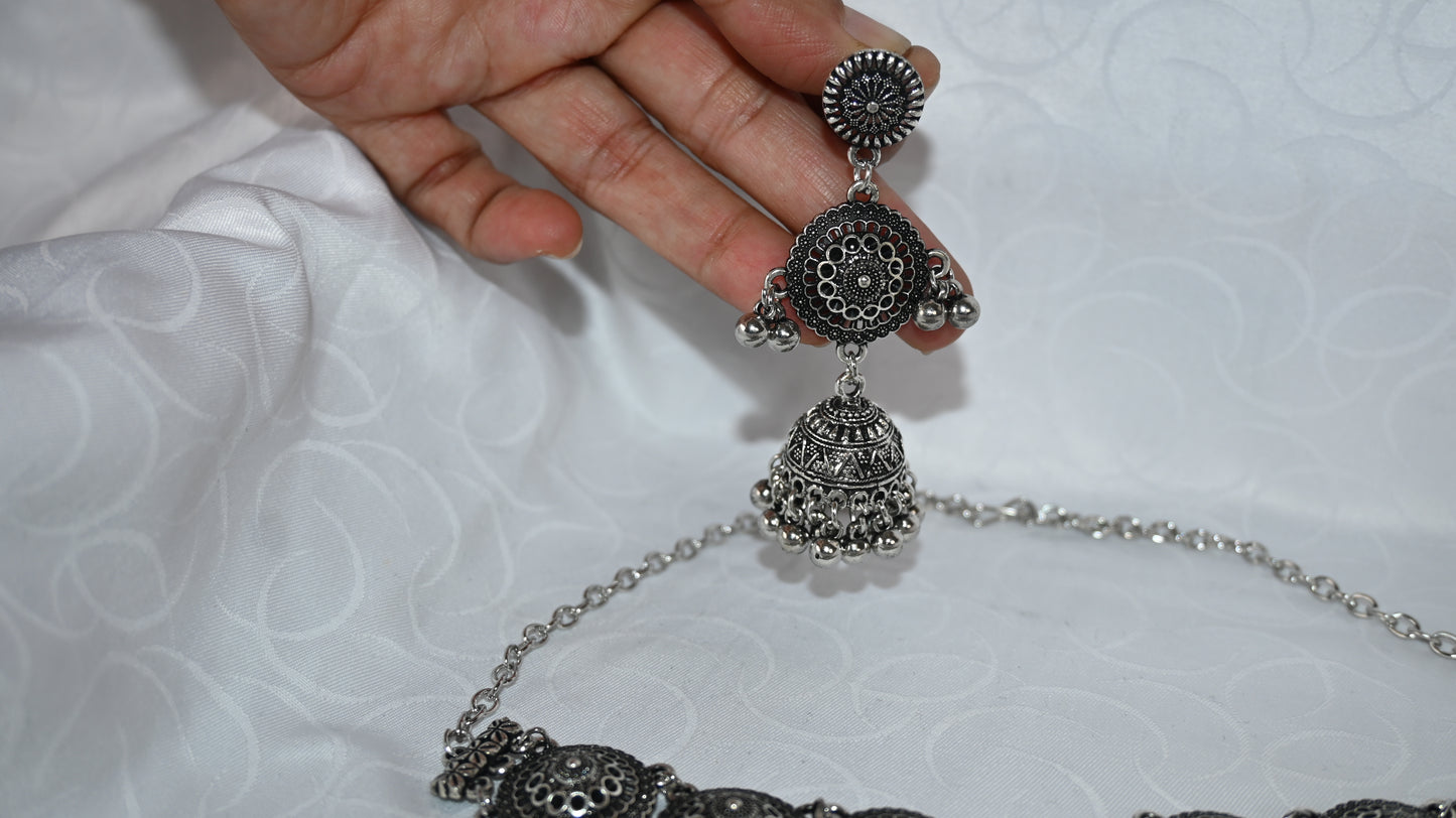 Oxidised Silver Circular Pattern Choker Necklace & Earring Set