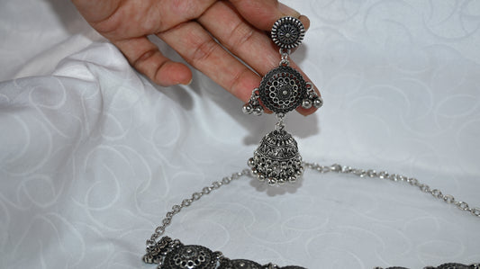 Oxidised Silver Circular Pattern Choker Necklace & Earring Set