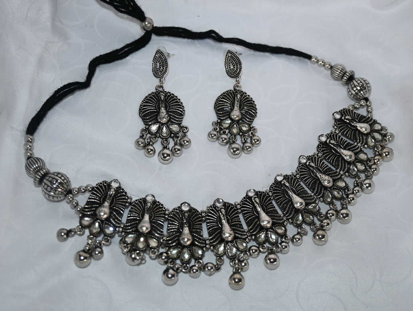 Oxidised Silver Peacock Motif Choker Necklace & Earrings Set