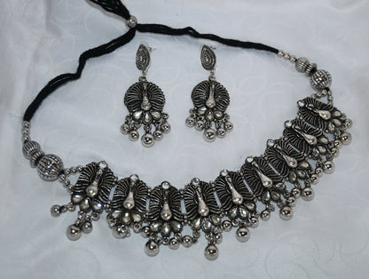 Oxidised Silver Peacock Motif Choker Necklace & Earrings Set