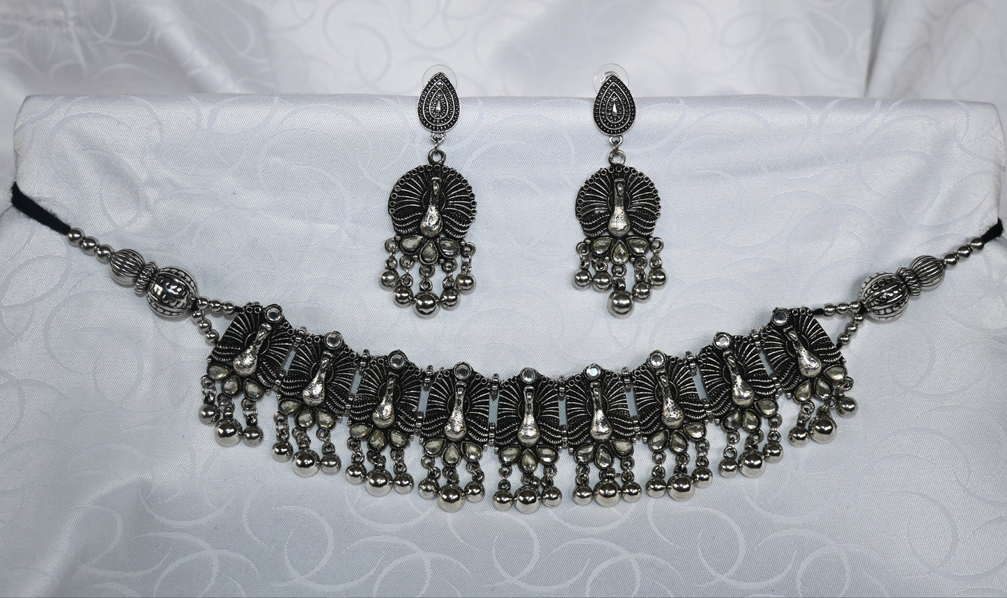 Oxidised Silver Peacock Motif Choker Necklace & Earrings Set