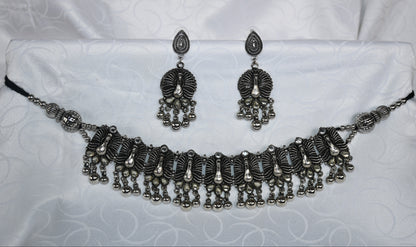 Oxidised Silver Peacock Motif Choker Necklace & Earrings Set