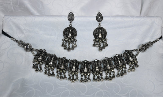 Oxidised Silver Peacock Motif Choker Necklace & Earrings Set