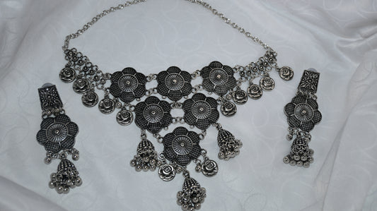 Oxidized Silver Necklace Set with Floral Motifs and Bell Charms