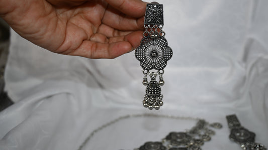 Oxidized Silver Necklace Set with Floral Motifs and Bell Charms